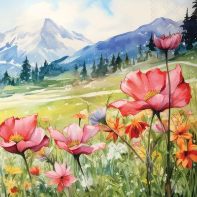Produktbild von 20 Servietten Blooming Fields - Blumenfeld vor Gebirge 33x33cm
