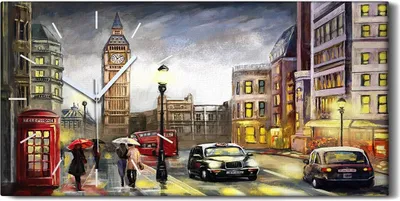 Produktbild von Wohnzimmer-Bild Leinwand Uhr Quarz 60x30 London Big Ben Straße Menschen Farbe - weiße Hände