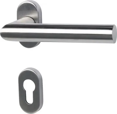A stainless steel door handle and keyhole escutcheon on a white background.