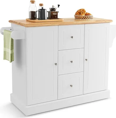 Obrázek produktu pro KOMFOTTEU Kuchyňský vozík s pracovní deskou, kuchyňský ostrůvek s 5 skrytými kolečky, kuchyňská skříňka se 3 zásuvkami a 2 skříňkami, servírovací vozík do kuchyně, jídelní bar, bílý