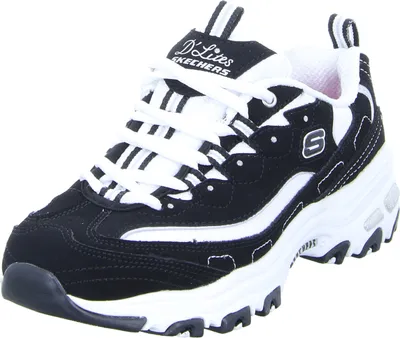 A studio shot of a single black and white Skechers D'Lites sneaker.
