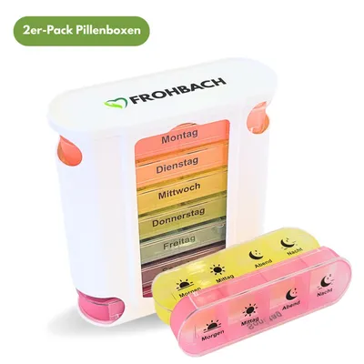 Produktbild von Frohbach 7 Tage Tablettenbox - Seniorenfreundliche Medikamentenbox 1 Woche, BPA Frei, für unterwegs, 4 Fächer pro Tag, Pastell Edition, 2 Stück