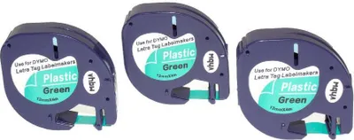 Produktbild von vhbw 3x Schriftband-Kassette kompatibel mit Dymo LetraTag LT-100H, 2000, LT-100T, Plus LT-100H, 200B Etiketten-Drucker 4m x 12mm Schwarz auf Grün