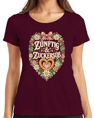 Immagine prodotto di Zünftig & Zuckersüß: Abito tradizionale bavarese per l'Oktoberfest, modello "Dirndl", in pelle, per donne, maglietta, colore bordeaux, taglia 3XL