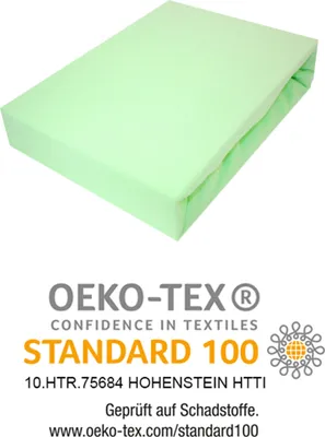 A light green fitted sheet is shown on a white background, with OEKO-TEX certification details below.