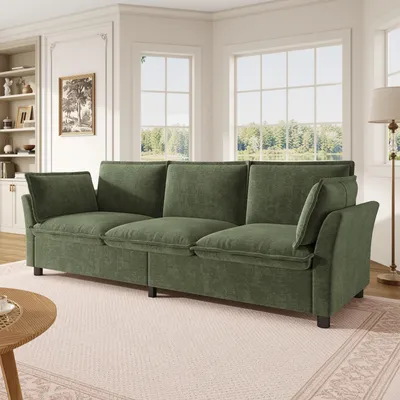 Image de Canapé moderne Merax, modèle "Cloud", 3 places, avec structure en métal, rembourrage doux et 2 coussins pour les accoudoirs. Idéal pour un salon, une chambre ou un espace de détente. Couleur : vert