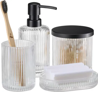 Produktbild von Navaris Badezimmer Set 4-teilig aus Glas - dekoratives Badzubehör mit Zahnputzbecher Seifenspender Seifenschale Glasdose - Bad Accessoires - Schwarz
