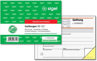 Produktbild von SIGEL SD121 Quittungen, mit fortlfd. Nummerierung, 1. u. 2. Blatt bedruckt, mit Sicherheitsdruck, A6 q, selbstdurchschreibend, 2 x 50 Blatt