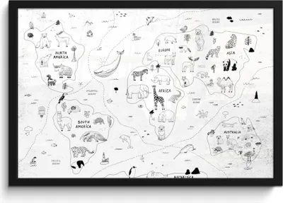 Produktbild von MuchoWow® MuchoWow® Gerahmtes Poster Weltkarte - Kinder - Weiß - Schwarz 60x40 cm - Poster mit zchwarzem Bilderrahmen - Printing - Wanddeko Schlafzimmer