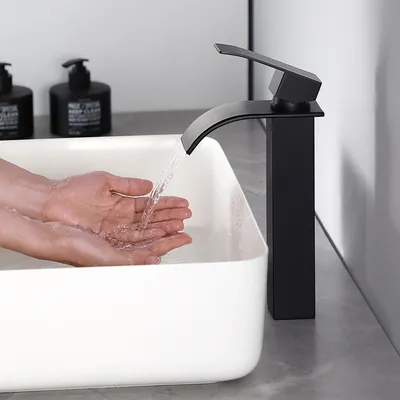 Produktbild von Wasserfall Waschtischarmatur Hoch, 304 Edelstahl Schwarz, Bleifrei Kalt Warm, Cecipa, Badarmatur Mischbatterie, Wasserhahn Bad, Wasserhahn Schwarz
