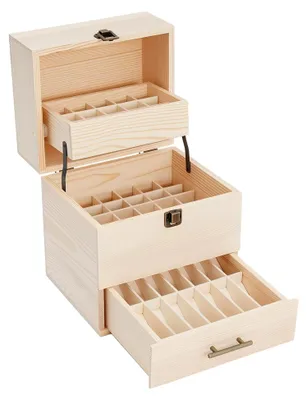 Produktbild von Aufbewahrungsbox aus Holz mit 59 Löchern für ätherische Öle, 3-stufiger Ständer für 15 ml Flaschen