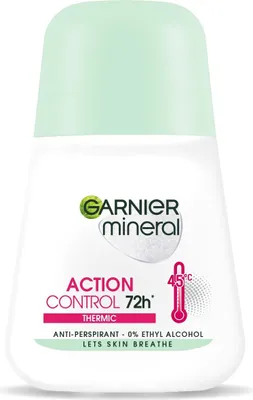A white roll-on deodorant bottle with a light green cap.