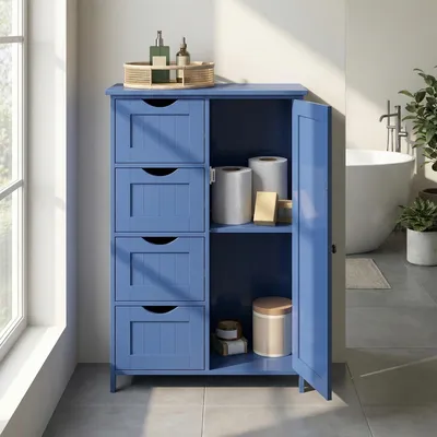 A blue bathroom cabinet with drawers and an open door, placed in a bathroom setting next to a bathtub.