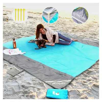 Produktbild von Picknickdecke Stranddecke Campingdecke, 210 x 200 cm Wasserdicht, Sanddicht, 0,38 kg Ultraleicht & Kompakt für Strand, Camping, Wandern, Picknick (Blau)