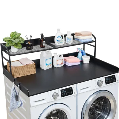 Productafbeelding van VEVOR werkblad voor wasmachine en droger (137 x 69,9 cm) met opbergruimte, 2 lades en haken, geschikt voor wasruimte, provisiekelder of keuken, draagvermogen 113 kg, zwart, met opbergruimte voor wasmiddel