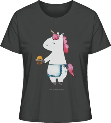 Produktbild von Mr. & Mrs. Panda Basic T-Shirt Damen Einhorn Muffin Größe L - Anthrazit - Geschenk, baumwollshirt, Geburtstag, Glückwünsche, Shirt, Oberteil, Kurzarmshirt, Unicorn, Kekse
