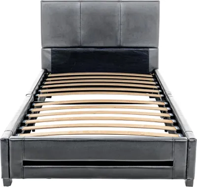 A bed frame with a slatted base, shown from the front.