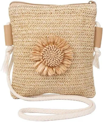 Produktbild von Ibenzoa® Boho Strohtasche Damen – Handgewebte Schulter- & Crossbody-Tasche mit Blumenmotiv, Polyester-Futter, Reißverschluss, 20 x 18 x 2 cm