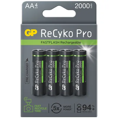 Obrázek produktu pro GP Batteries ReCyko Photoflash, Dobíjecí baterie, AA, Nikl-metal hydridová (NiMH), 1,2 V, 4 kusů, 2000 mAh