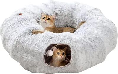 Produktbild von Tierbett, Plüsch Katzentunnel,Tierbett und Katzentunnel in einem, mit faltbarem Rohr, abnehmbarer Matte und Schüttelbällen, für Katzen & kleine Hunde