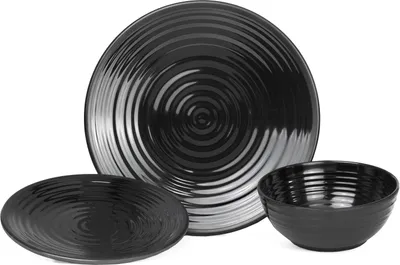 Produktbild von Camping Geschirr Set 1 Person 3-teilig | Melamin | Picknick Geschirrset | Campinggeschirr Stone Dark Black Design