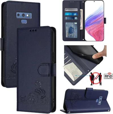 Produktbild von Leder Hülle für Samsung Galaxy Note 9 Süße Katze Flip Case Brieftasche Schutzhülle mit Standfunktion Blau