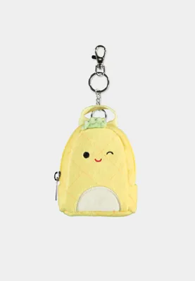 A yellow plush pineapple-shaped keychain bag with a winking face and a green crown, attached to a metal clasp and ring.
