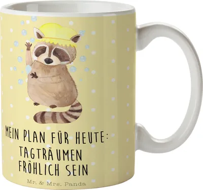 Produktbild von Mr. & Mrs. Panda Trinkbecher Waschbär - Gelb Pastell - Geschenk, Becher, Pott, Teebecher, Fröhlich, Plan, Teetasse, Keramiktasse, schöne tasse, Seifenblasen, Gute Laune