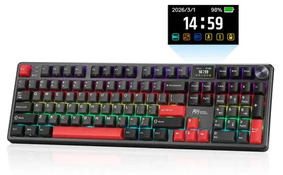 Zdjęcie produktu dla Mechaniczna klawiatura z podświetleniem, trójtrybowa, bezprzewodowa - 101 klawiszy, pełnowymiarowa