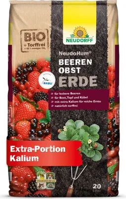 A bag of soil for berries and fruit, with images of berries and a strawberry plant.