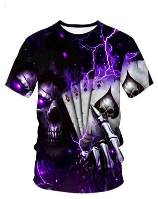 Produktbild von Herren T-Shirt Übergröße, lila Streetwear Kurzarmshirt mit Totenkopf und Blitz Motiv, cooles Freizeit Shirt für Alltag 5XL