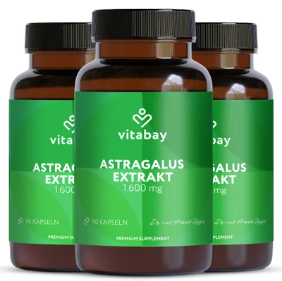 Produktbild von Vitabay Astragalus Kapseln Hochdosiert 10.000mg - 270 Vegane Kapseln Astragalus Extrakt aus der Wurzel - Tragantwurzel Membranaceus mit 20% Polysaccharide - Labor