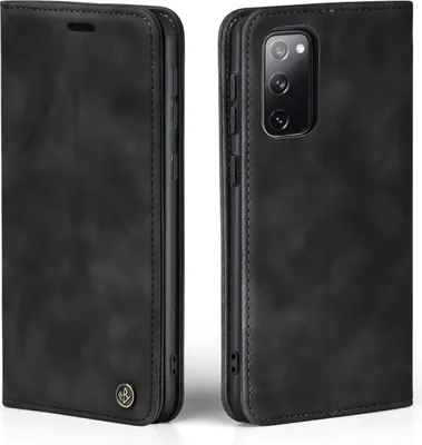 A black flip cover phone case is shown from two angles, one closed and one open to reveal the phone inside.