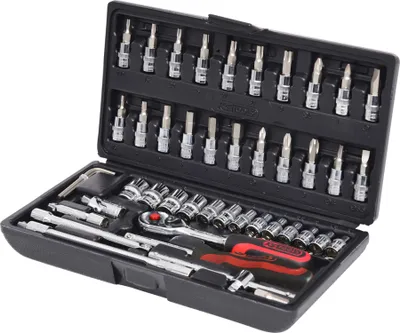 A black plastic case containing a set of tools, including a ratchet, sockets, and various bits.