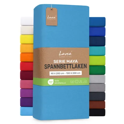 Produktbild von Lavea® Spannbettlaken 90x200cm - 100x200cm, Maya, 100% Baumwolle – Weiches, atmungsaktives Bettlaken für Matratzen bis 20cm - Himmelblau