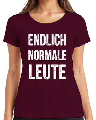 Productafbeelding van Eindelijk weer normale mensen: grappig, satirisch statement T-shirt voor dames, bordeauxrood, maat M