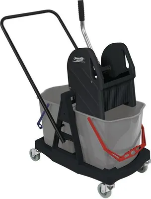 A cleaning cart with two buckets and a mop wringer.