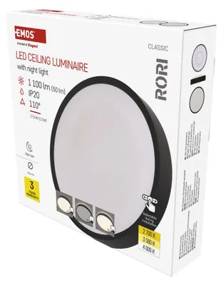 LED přisazené svítidlo RORI kruhové, černé, 17W, se změnou CCT