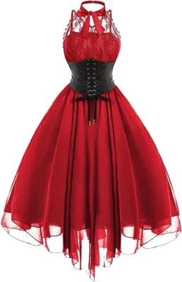Produktbild von Ein ärmelloses Gothic-Kleid mit Spitzenoberteil, einem transparenten Oberteil und einem asymmetrischen Chiffonrock in Rot