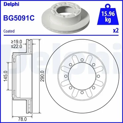 Produktbild von 2x DELPHI Bremsscheibe BG5091C für NISSAN Cabstar (F24M F24W) 78mm 290mm