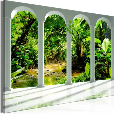 Produktbild von Modernes Wandbild Fensterblick 90x60 - 1 Teile Bilder Fotografie auf Vlies Leinwand Foto Bild Dekoration Wand Bilder Kunstdruck Wald Dschungel c-C-0400-b-a