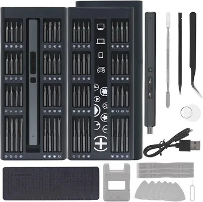 Zdjęcie produktu dla Elektryczny mini-wkrętak z 64 końcówkami magnetycznymi, zestaw 82 w 1 do napraw