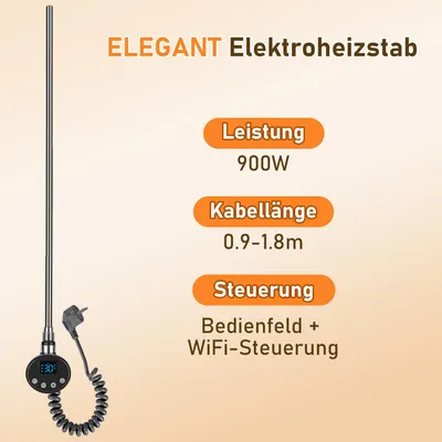 Produktbild von Ikodm Heizstab für Badheizkörper 900W Smart WiFi, G1/2, Thermostat 5-70°C, 24h Timer, Anthrazit