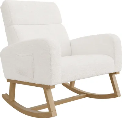 Image de Fauteuil à bascule Mid-Century Modern Nursery fauteuil à bascule rembourré dossier haut Accent Glider Rocker pour salon，Cadre en bois massif, tissus de haute qualité (Beige)