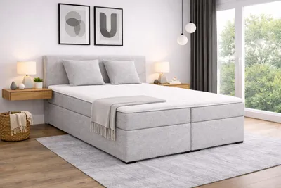 Produktbild von MODERN Furniture Boxspringbett CALMA Basic mit Bettkasten, 180x200 und hohem Kopfteil, Etna 90, Hellgrau