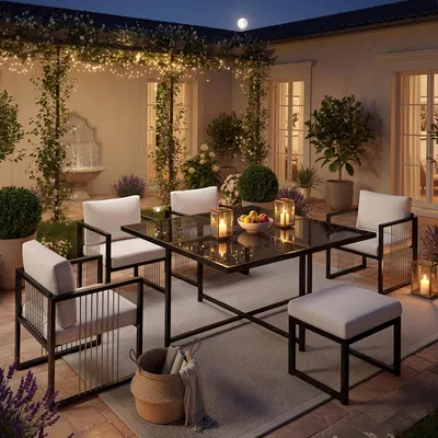 Produktbild von 7-teiliges Terrassenmöbel-Set – Esstisch & Stühle für 6 Personen, Tisch mit gehärteter Glasplatte, Gartenmöbel für Hinterhof & Terrasse