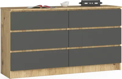 Produktbild von Kommode AKORD K140 Eiche Artisan 138 cm 6 Schubladen Front Graphitgrau B138 x H77 x T40 cm