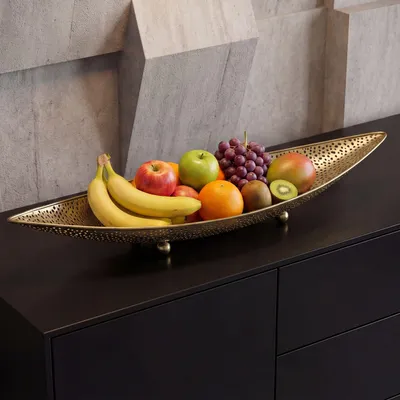 Produktbild von FineBuy Obstschale Gold Oval Schale 60cm Tischdeko länglich Moderner Obstkorb mit Fuß aus Metall Elegante Dekoschale Früchtekorb Handmade