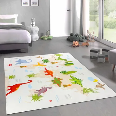 Produktbild von Kinderteppich im Dinomuster mit T-Rex Stegosaurus in Beige Größe - 80 x 150 cm