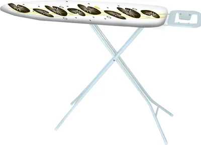 A white ironing board with a decorative pattern of black and yellow oval shapes, supported by a light blue metal frame, set against a white background.